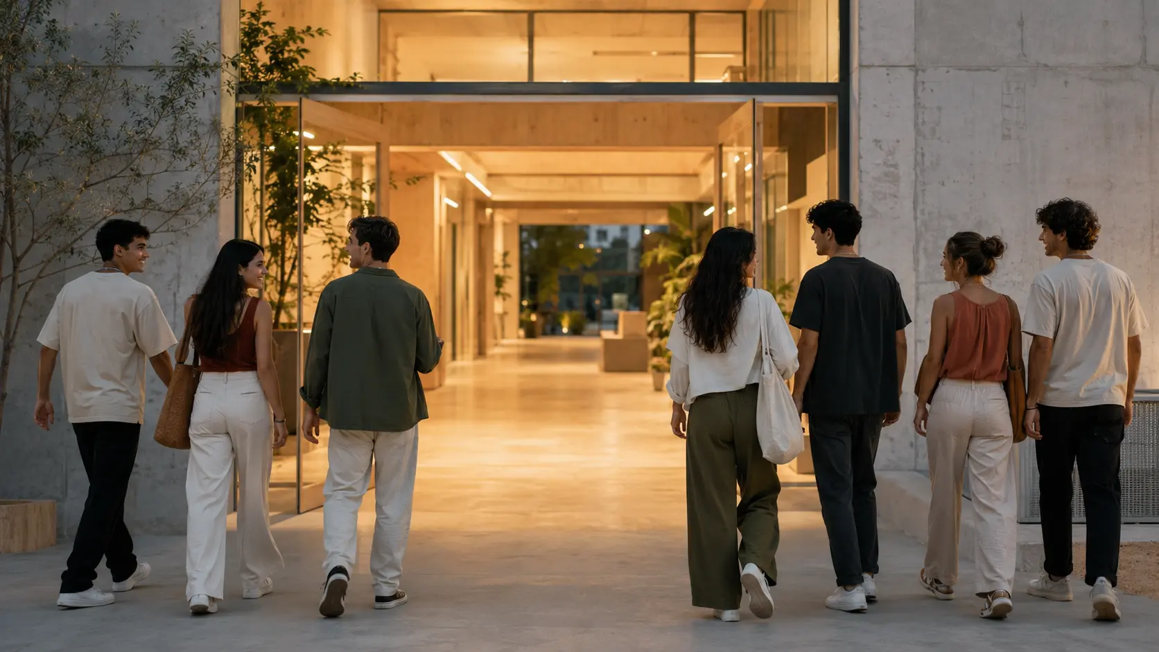 Jóvenes entrando juntos en un espacio cultural de ciudad