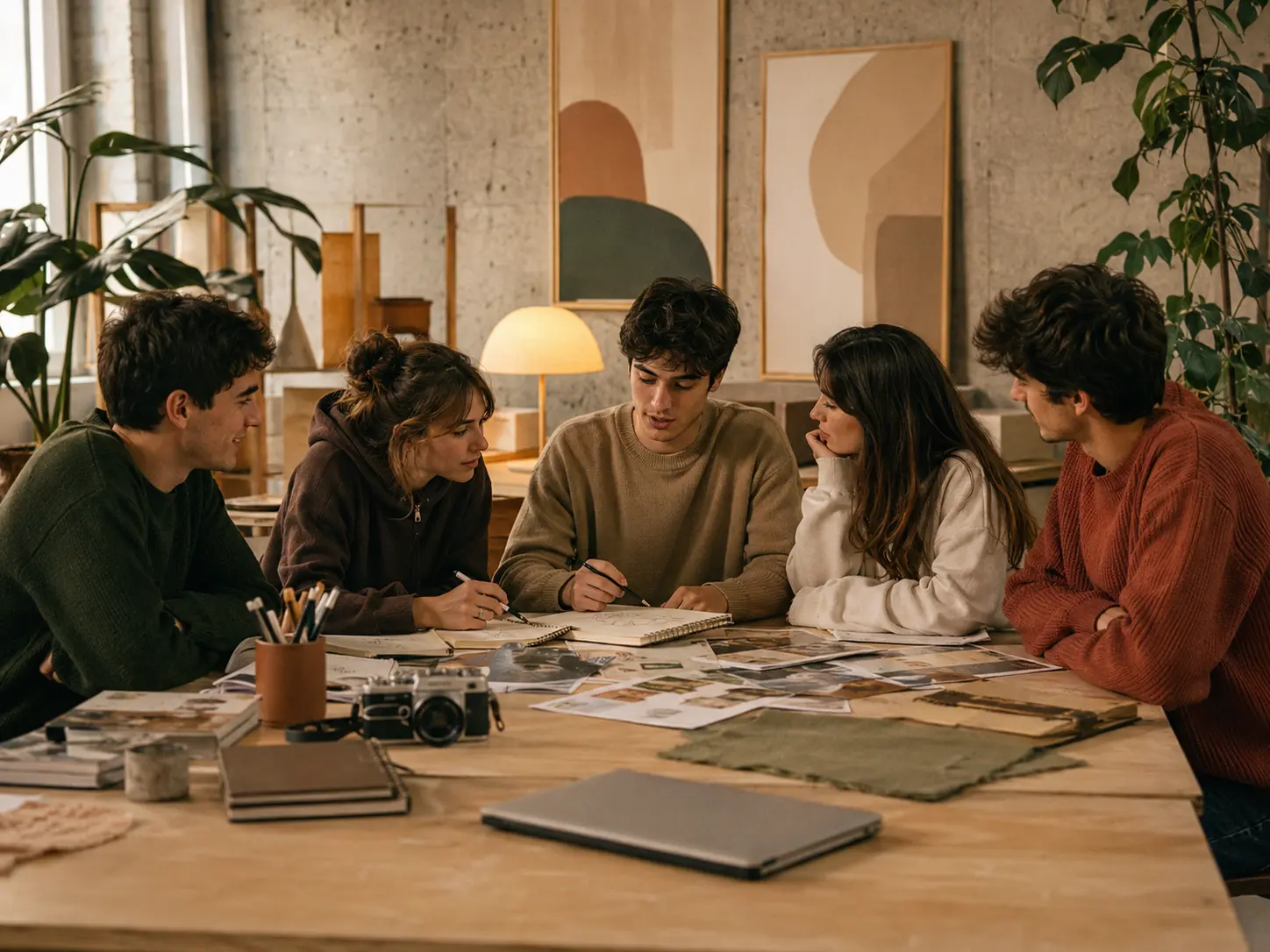 Jóvenes creando y conversando alrededor de una mesa