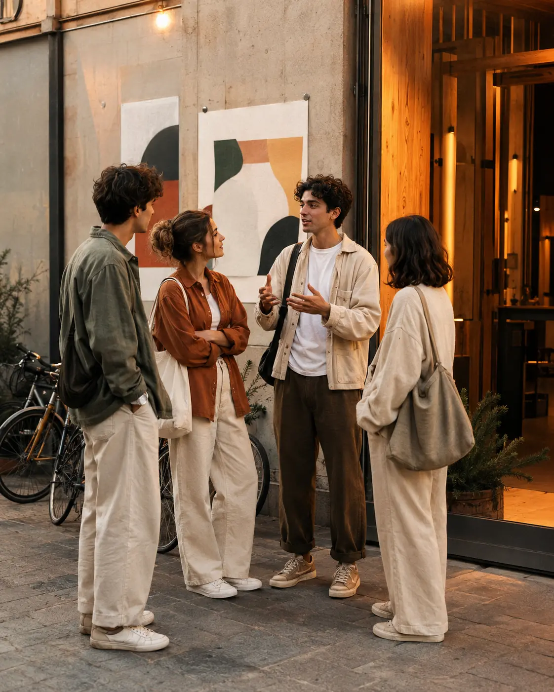 Jóvenes conversando a la entrada de un espacio cultural urbano